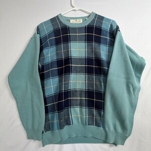 John Ashford Golf Sweater Mens Large Teal Blue Plaid Crewneck  Cotton Vintage